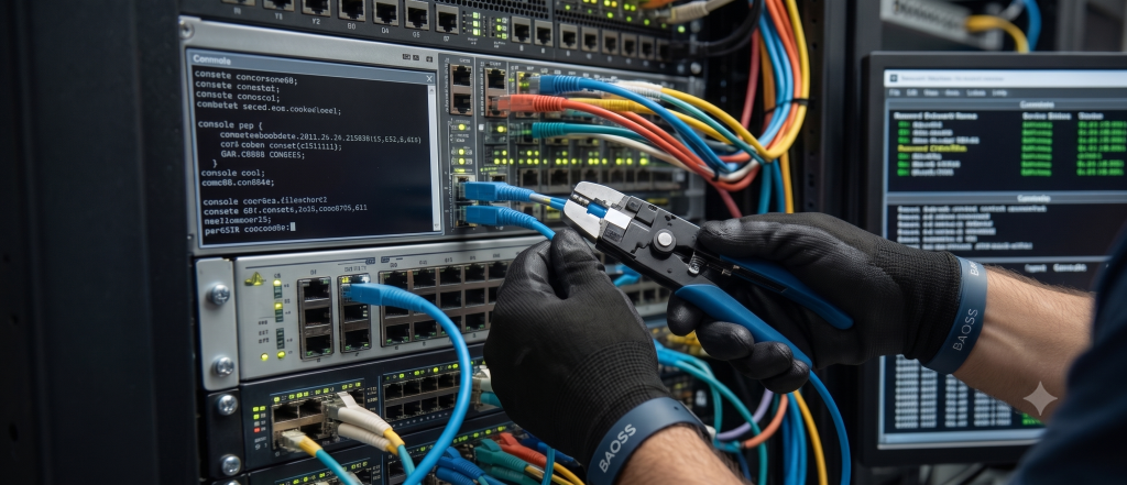 Primer plano macro de manos especializadas conectando cables de fibra óptica en un rack de servidores de alta densidad.