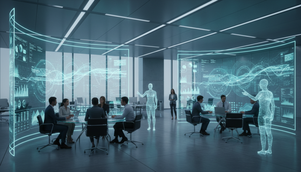 Productividad empresarial con IA: asistentes digitales y datos conectados en una oficina corporativa