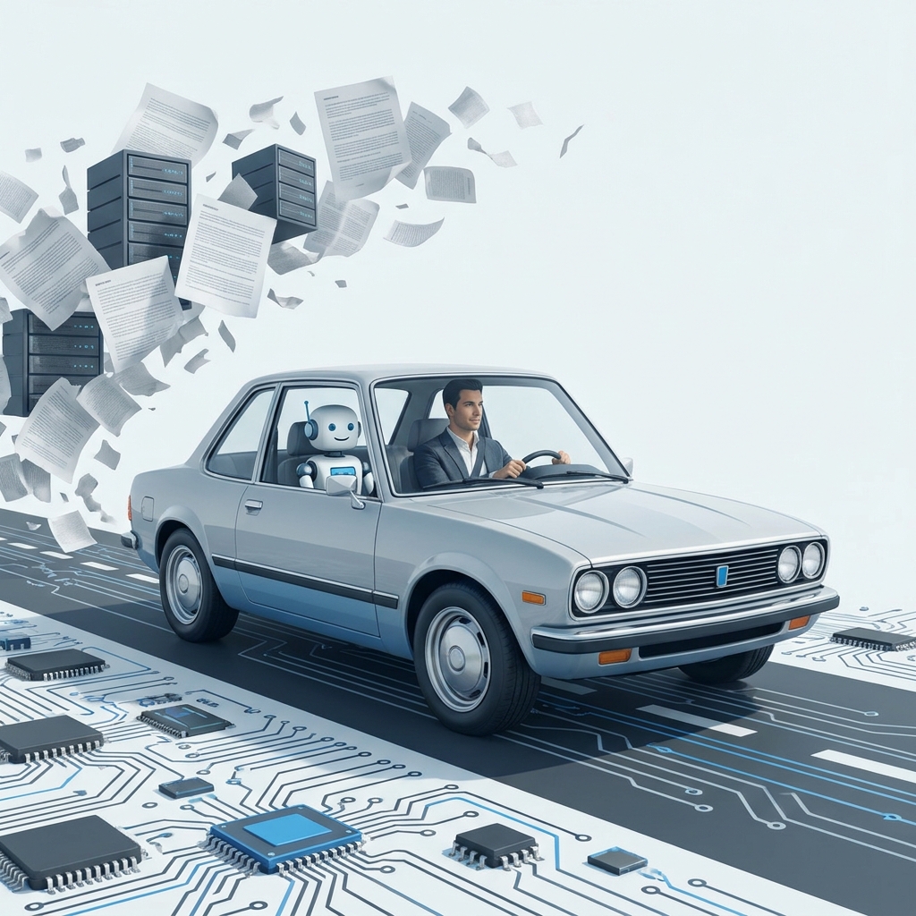 Profesional conduciendo por una carretera de circuitos junto a un copiloto de IA, mientras servidores, chips y documentos digitales quedan atrás.