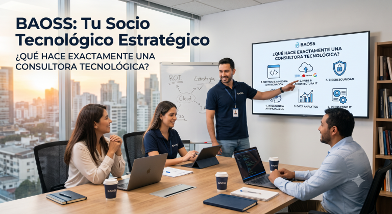 Equipo de profesionales en una reunión de la consultora tecnológica BAOSS, analizando una pantalla digital que muestra servicios de software a medida, migración a la nube, ciberseguridad e inteligencia artificial.