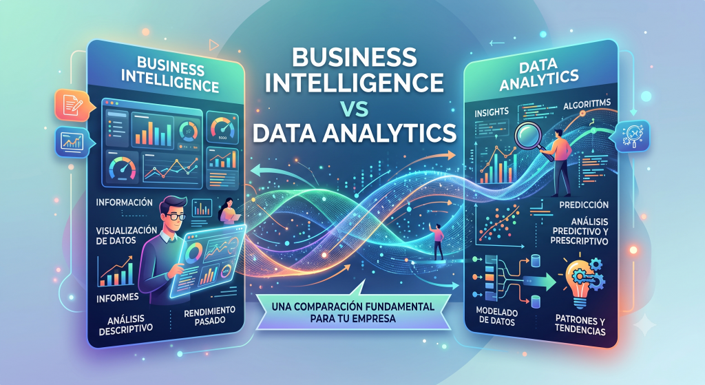Business Intelligence vs Data Analytics". Esta imagen está diseñada para captar la atención del lector en la cabecera del artículo, mostrando de forma visual y moderna el contraste y la relación entre ambos conceptos tecnológicos.