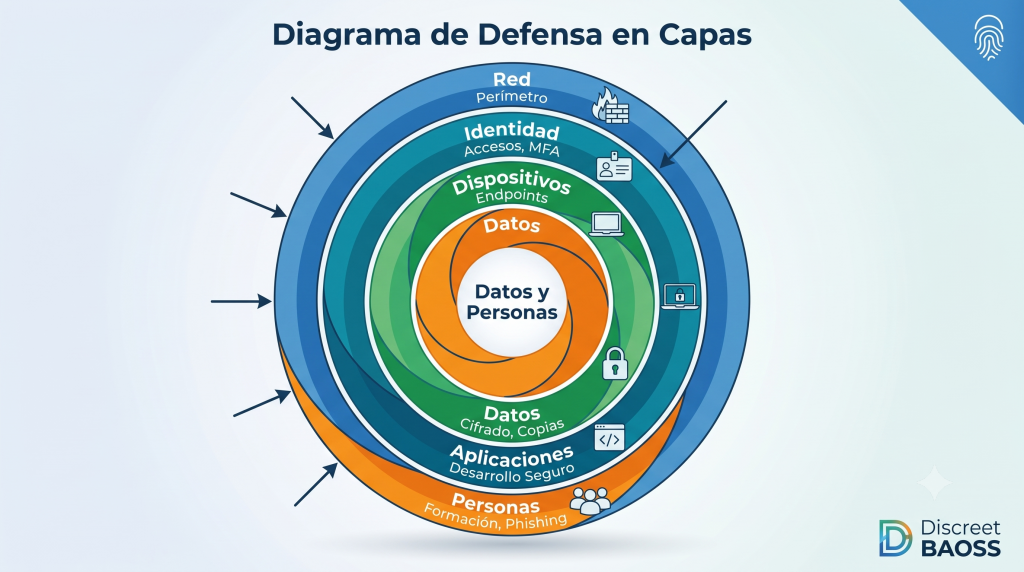 Diagrama detallado de la defensa en profundidad de ciberseguridad, ilustrando las capas de red, identidad, dispositivos, datos, aplicaciones y personas rodeando el núcleo de información de la empresa.