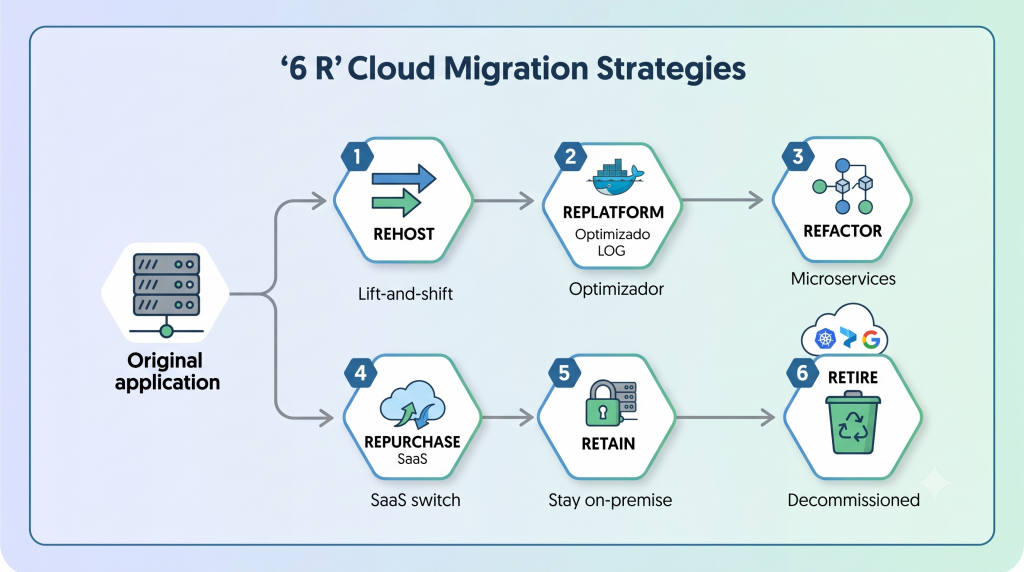 Diagrama de flujo metodológico ilustrando las seis estrategias de migración a la nube (las "6 R"): Rehost, Replatform, Refactor, Repurchase, Retain, Retire.
