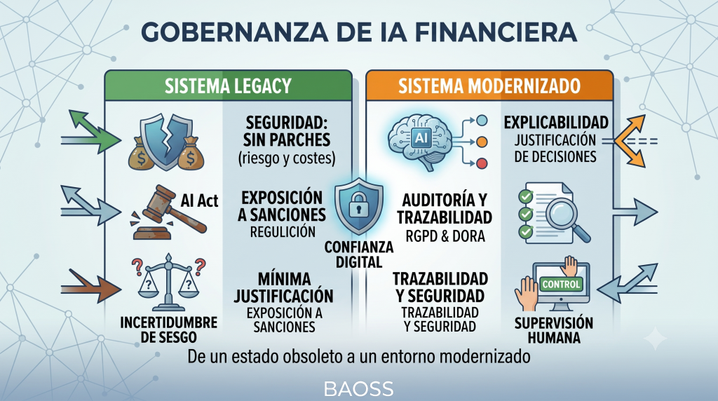 Diagrama metodológico detallado que compara un 'MODELO CAJA NEGRA (No Explicable)' con sus riesgos (falta de transparencia, riesgo regulatorio 'AI Act', sesgo) frente a un 'MODELO EXPLICABLE BAOSS (Gobernanza)' con sus beneficios (explicabilidad, auditoría 'RGPD & DORA', supervisión humana), ilustrando la gobernanza de IA financiera.