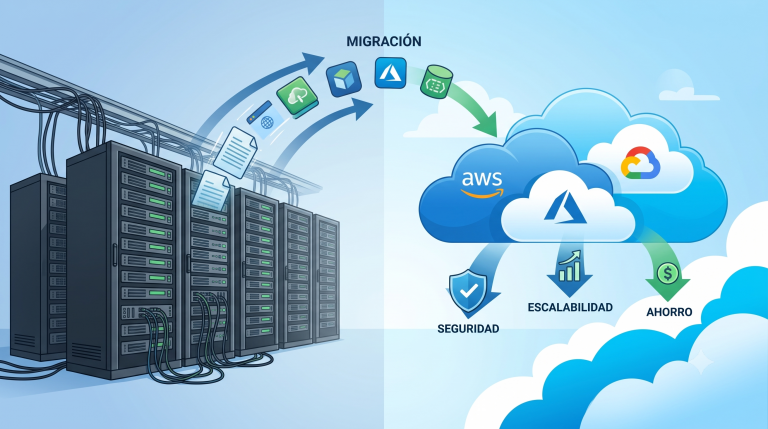 Infografía ilustrativa de la migración de datos y servidores on-premise hacia un entorno de nube híbrida y pública.