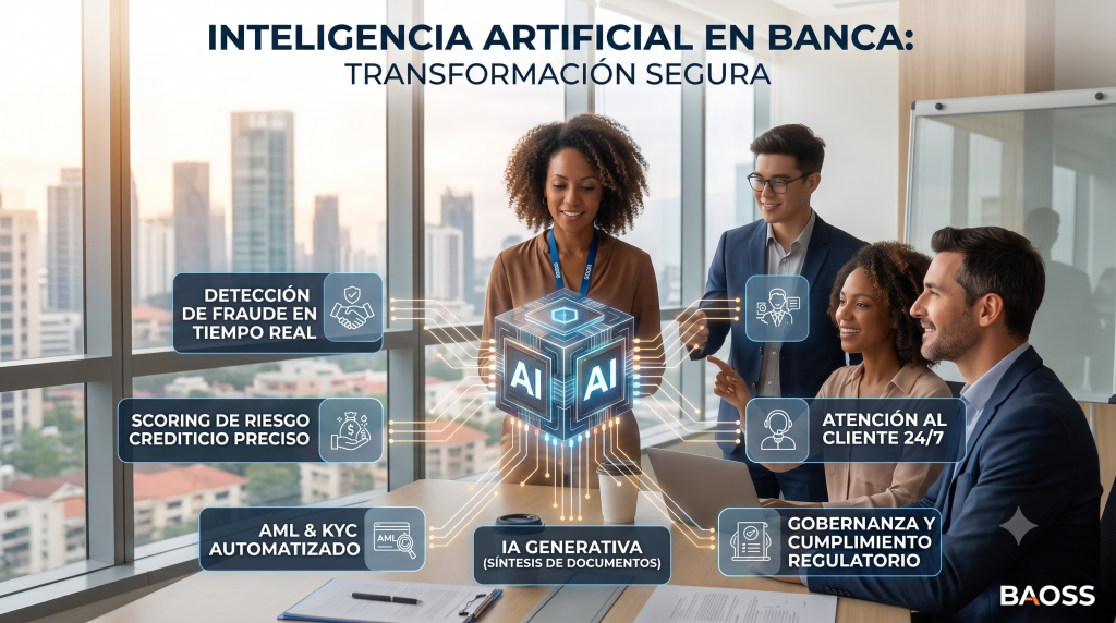 Imagen destacada de un equipo diverso de profesionales de banca en una oficina moderna colaborando con un núcleo de Inteligencia Artificial que visualiza los principales casos de uso financieros como detección de fraude, scoring de riesgo crediticio, AML/KYC y gobernanza, bajo el título 'INTELIGENCIA ARTIFICIAL EN BANCA: TRANSFORMACIÓN SEGURA'.
