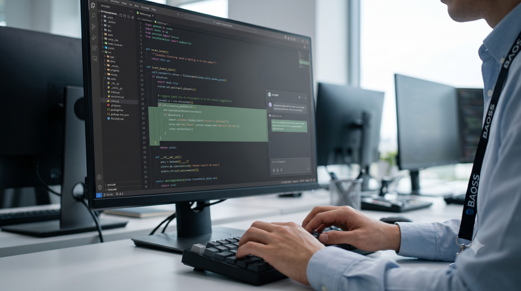 Imagen relacionada de primer plano que muestra las manos de un desarrollador de BAOSS escribiendo código en un monitor, con un asistente de IA (Co-piloto) sugiriendo y completando bloques de código para mejorar la eficiencia.