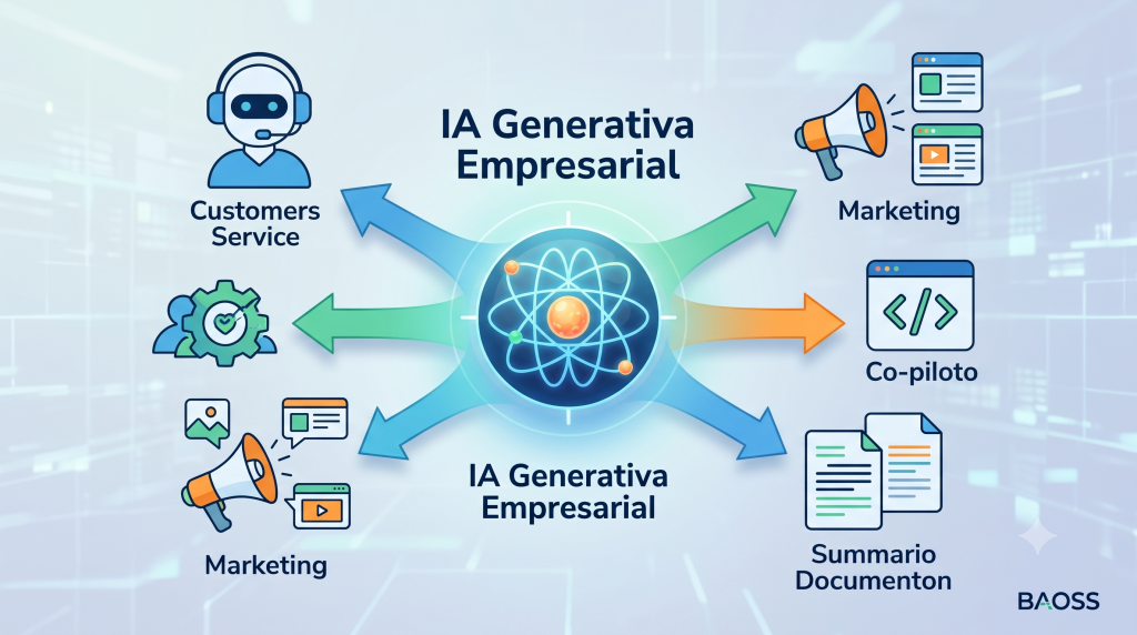 Imagen destacada ilustrativa que muestra un núcleo de Inteligencia Artificial Generativa conectado a diferentes departamentos de una empresa, como Marketing, Atención al Cliente y Desarrollo, simbolizando la integración y el valor empresarial.