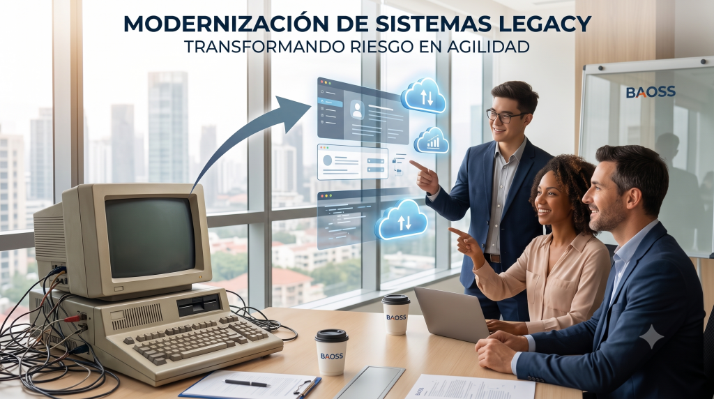 magen destacada fotorrealista de un equipo de BAOSS colaborando en un entorno de oficina moderno, visualizando la transformación de una consola legacy antigua y cableada en interfaces digitales limpias y seguras en la nube.