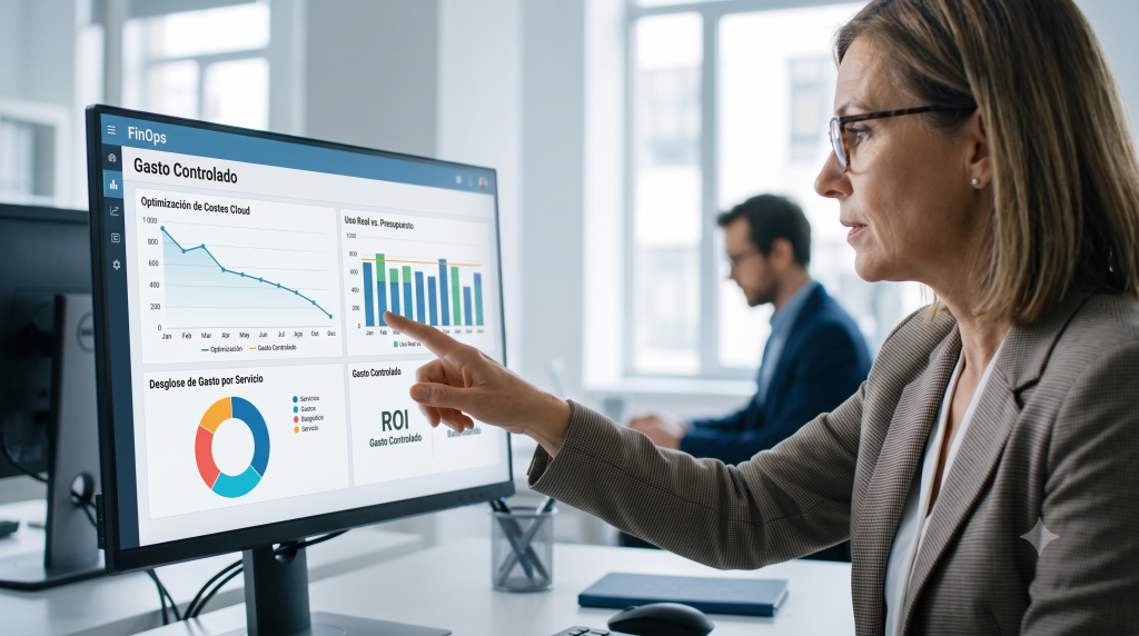 Una analista financiera de TI señalando un panel de control FinOps que muestra gráficos de optimización de costes y gasto controlado en la nube.