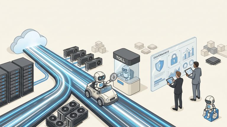 Ilustración de una autopista de datos conectando servidores, chips y sistemas de IA, con un robot copiloto y elementos de gobernanza tecnológica.