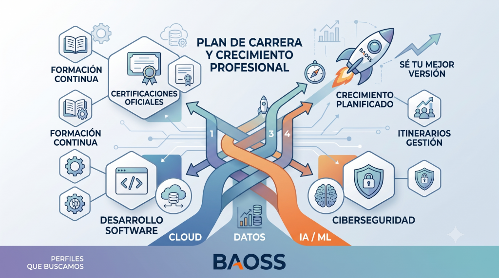 Diagrama de flujo infográfico estructurado que visualiza el plan de carrera, la formación y las certificaciones oficiales en BAOSS para diversos perfiles tecnológicos.