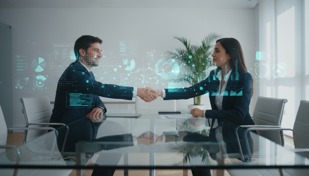Dos profesionales cerrando un acuerdo de partner tecnologico de IA en una oficina con paneles de datos