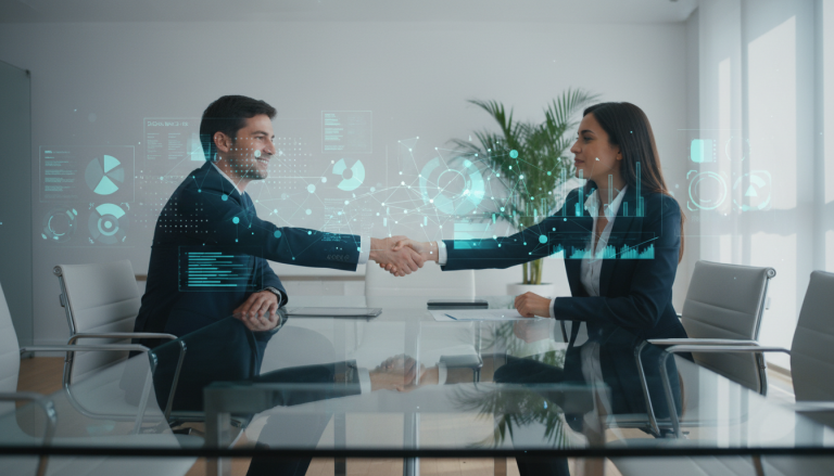 Dos profesionales cerrando un acuerdo de partner tecnologico de IA en una oficina con paneles de datos