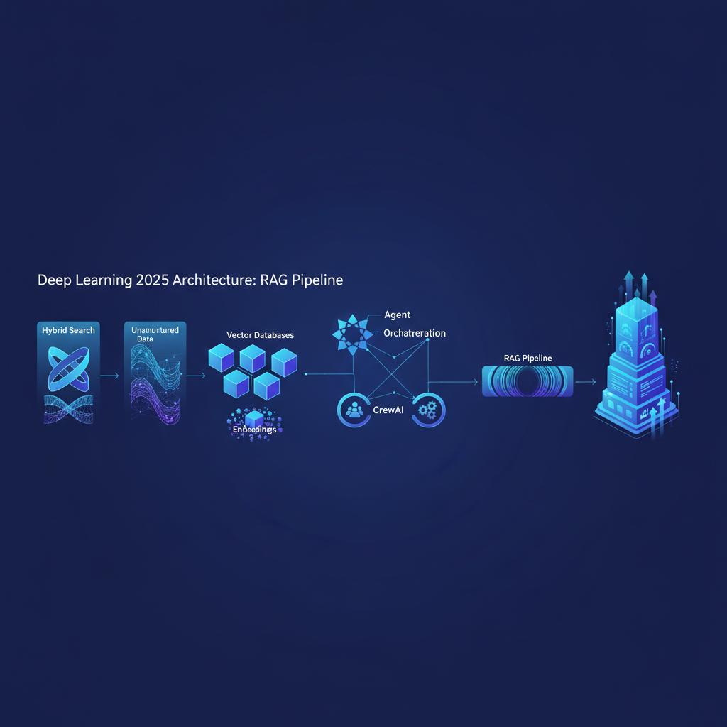 Arquitectura Deep Learning 2025: RAG híbrido, agentes LangGraph/CrewAI, evaluación continua, MCP
