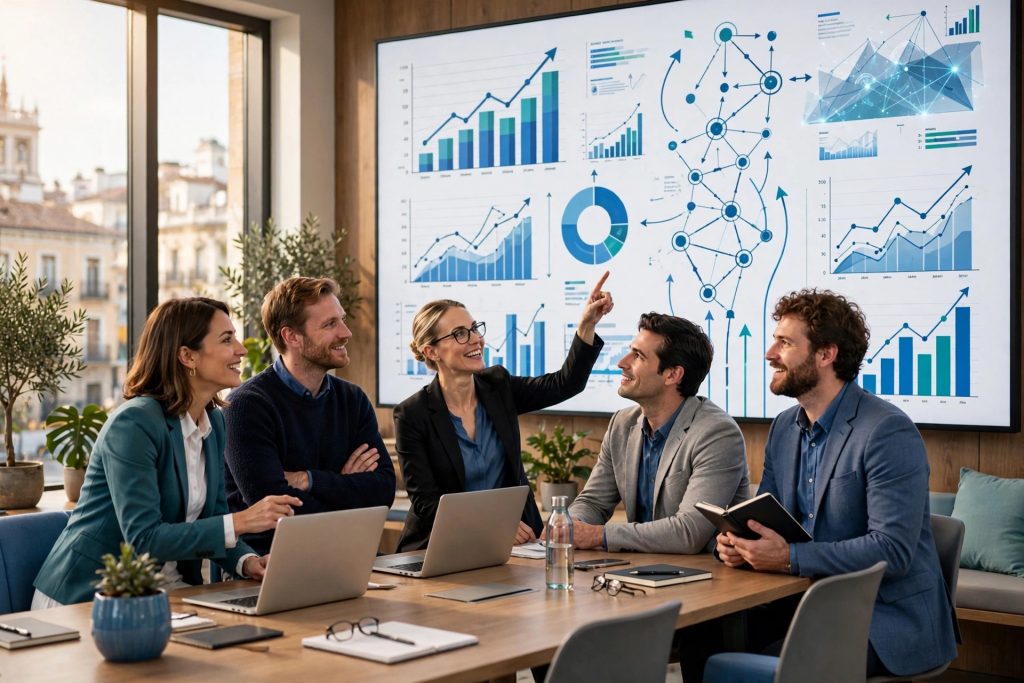 Equipo europeo de profesionales analizando un dashboard de datos en una oficina luminosa